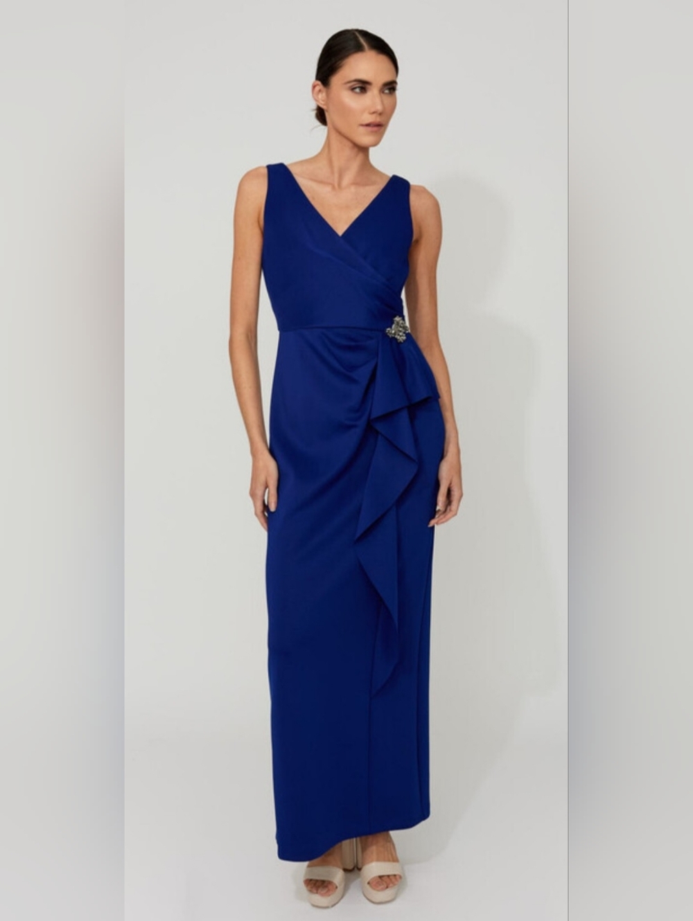 Alex Evenings Elegant Royal Blue V-Neck Scuba Evening Dress